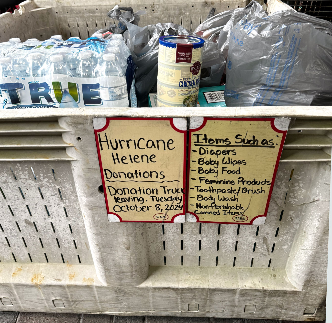 Hurricane Helene relief bin at Robert Is Here