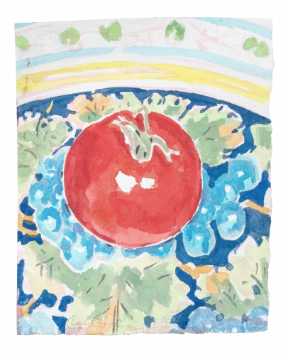 Kevin Berlin, “Tomato on Tuscan Plate with Blue Grapes and Vine Pattern