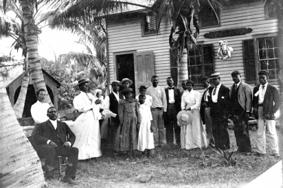 Coconut Grove’s Black community gathered together in front of Commodore Ralph M. Munroe’s boathouse, ca. 1890.