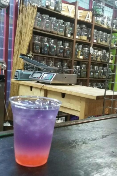 Butterfly pea adds blue color to Purple Rain drink at Aunt Jenn's in Yellow Green farmers market