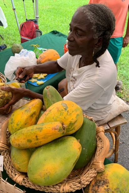 Ms. Shirley cuts into breadfruit, papaya and starfruit.