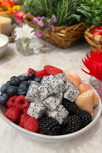 Fresh blueberries, blackberries, raspberries, strawberries and dragonfruit