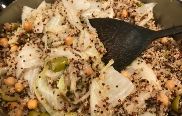 Braised Napa Cabbage with Red Quinoa and Chickpeas 