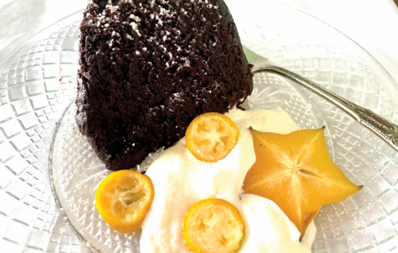 Red Velvet Cake (Chocolate Beet Cake) garnished with starfruit