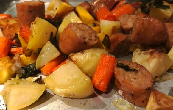 Roasted Spring Vegetables with Chicken Sausage 
