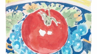 Kevin Berlin, “Tomato on Tuscan Plate with Blue Grapes and Vine Pattern"