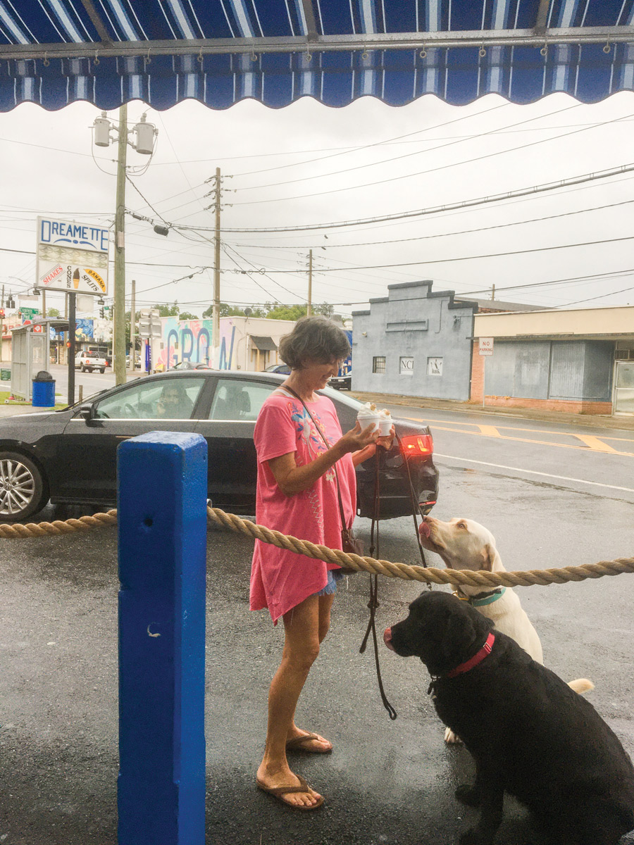 Good dogs Archie and Friday get pup cones at Dreamette