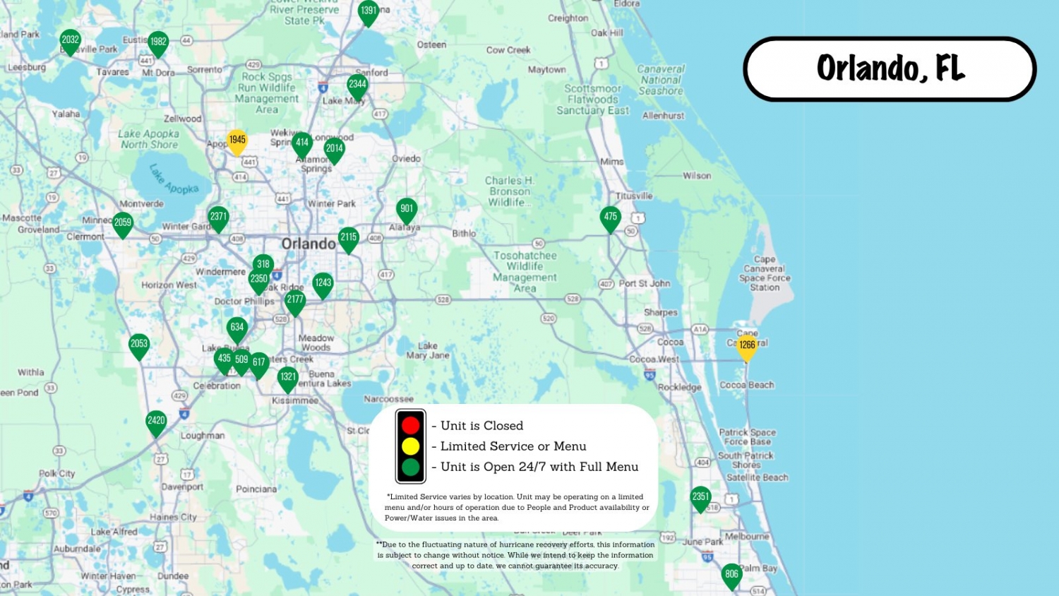 Waffle House Index Orlando, Sun., Oct. 13
